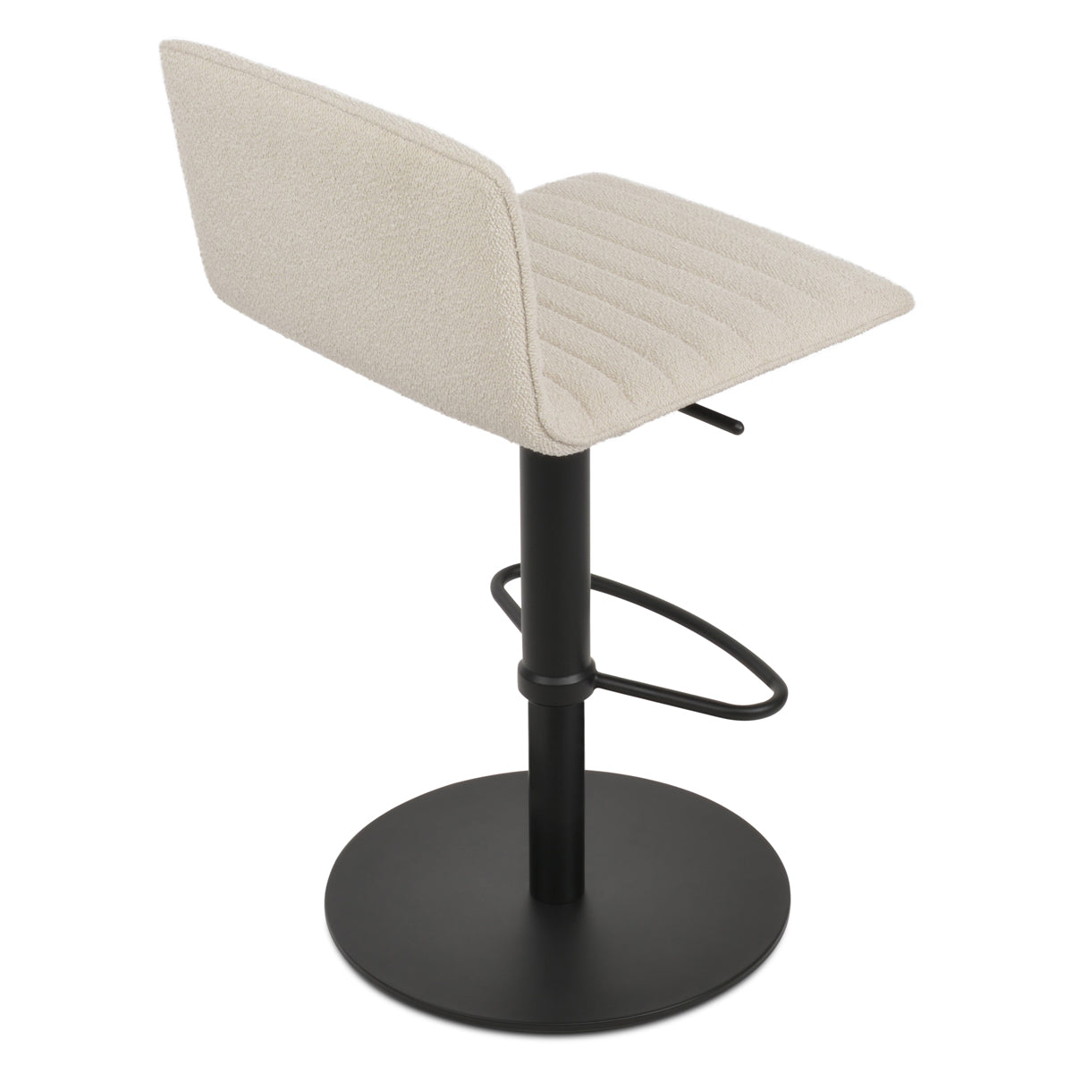 Corona Full Upholstery Half Piston Stool by SohoConcept, showing back view of corona full upholstery half piston stool in round/black stainless steel/boucle off white fabric.