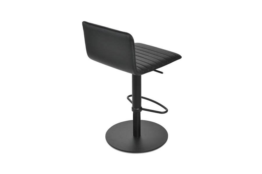 Corona Full Upholstery Half Piston Stool by SohoConcept, showing back view of corona full upholstery half piston stool in round/black stainless steel/black leatherette.