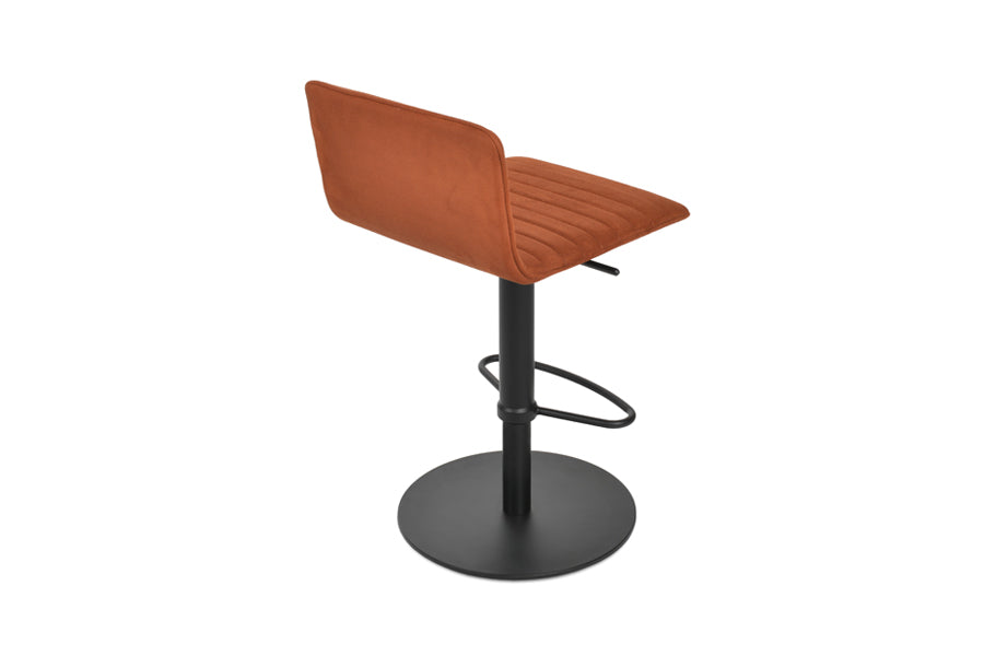Corona Full Upholstery Half Piston Stool by SohoConcept, showing back view of corona full upholstery half piston stool in round/black stainless steel/nubuck cognac fabric.