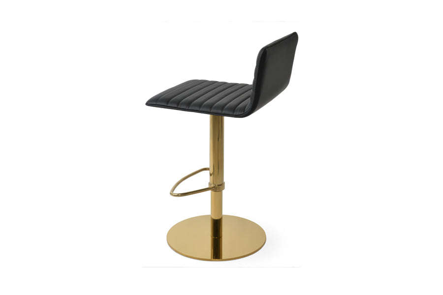 Corona Full Upholstery Half Piston Stool by SohoConcept, showing back view of corona full upholstery half piston stool in round/polished gold steel/black leatherette.