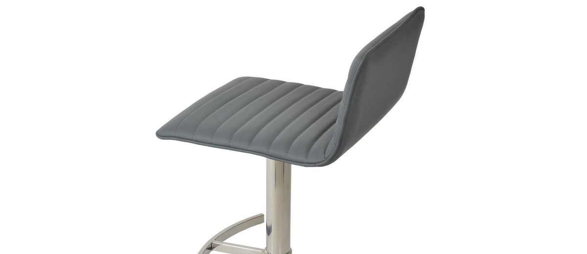 Corona Full Upholstery Piston Stool by SohoConcept, showing closeup view of corona full upholstery piston stool in round t-footrest/polished stainless steel/grey leatherette.