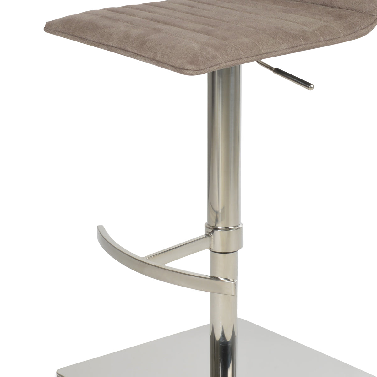 Corona Full Upholstery Piston Stool by SohoConcept, showing closeup view of corona full upholstery piston stool in square t-footrest/brushed stainless steel/nubuck smoke coffee fabric.