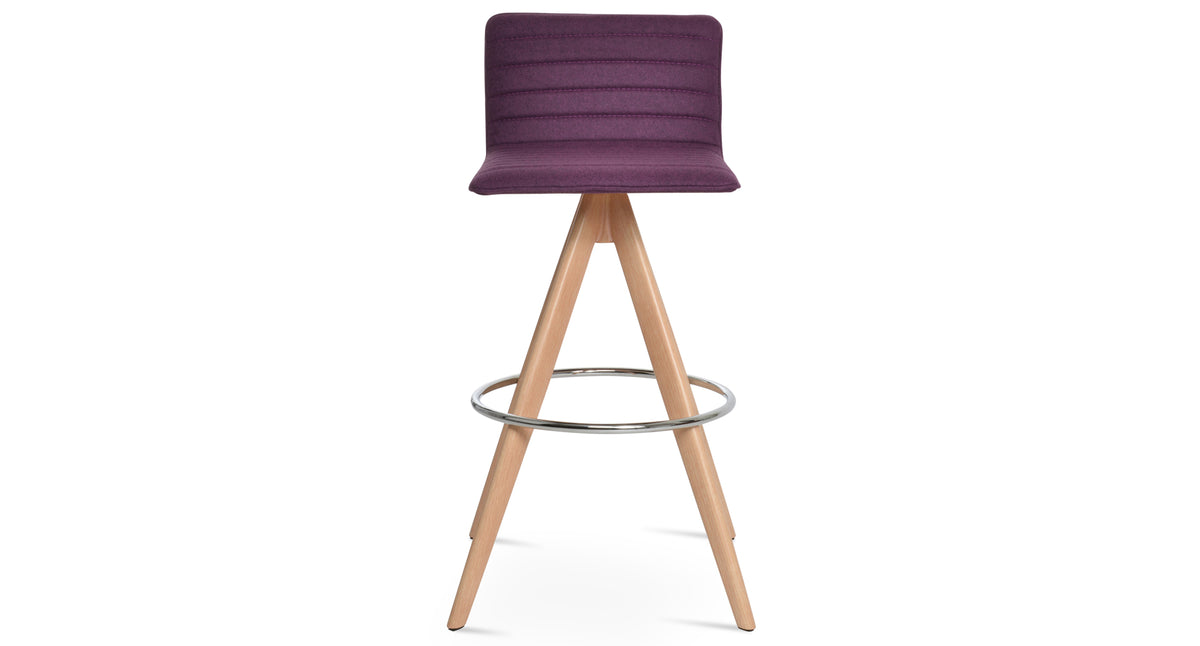 Corona Full Upholstery Pyramid-MW Swivel Stool by SohoConcept, showing front view of corona full upholstery pyramid-mw swivel stool in natural veneer steel/camira blazer new deep maroon wool.