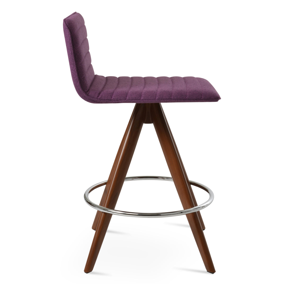 Corona Full Upholstery Pyramid-MW Swivel Stool by SohoConcept, showing side view of corona full upholstery pyramid-mw swivel stool in walnut veneer steel/camira blazer new deep maroon wool.