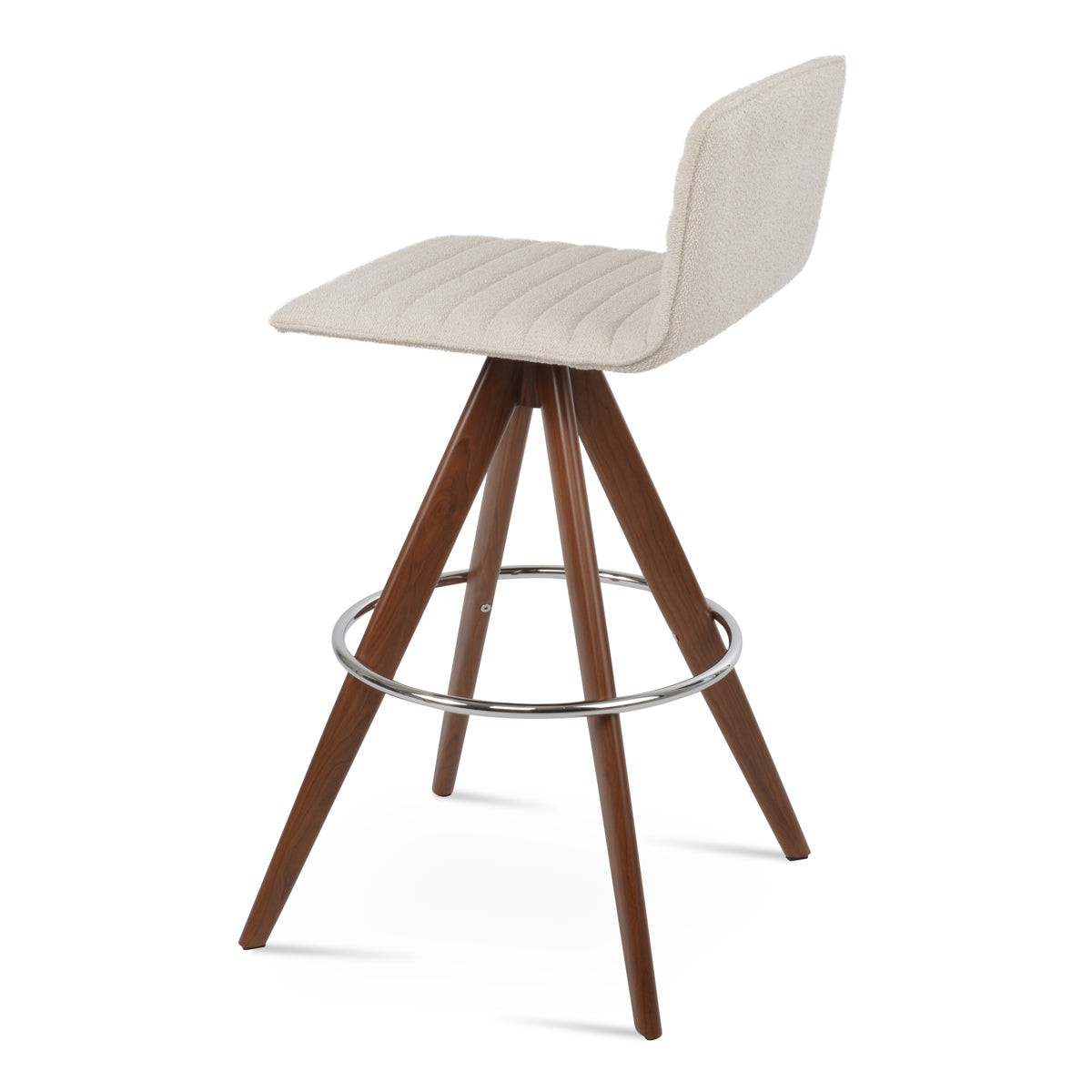 Corona Full Upholstery Pyramid-MW Swivel Stool by SohoConcept, showing back view of corona full upholstery pyramid-mw swivel stool in walnut veneer steel/boucle off white fabric.
