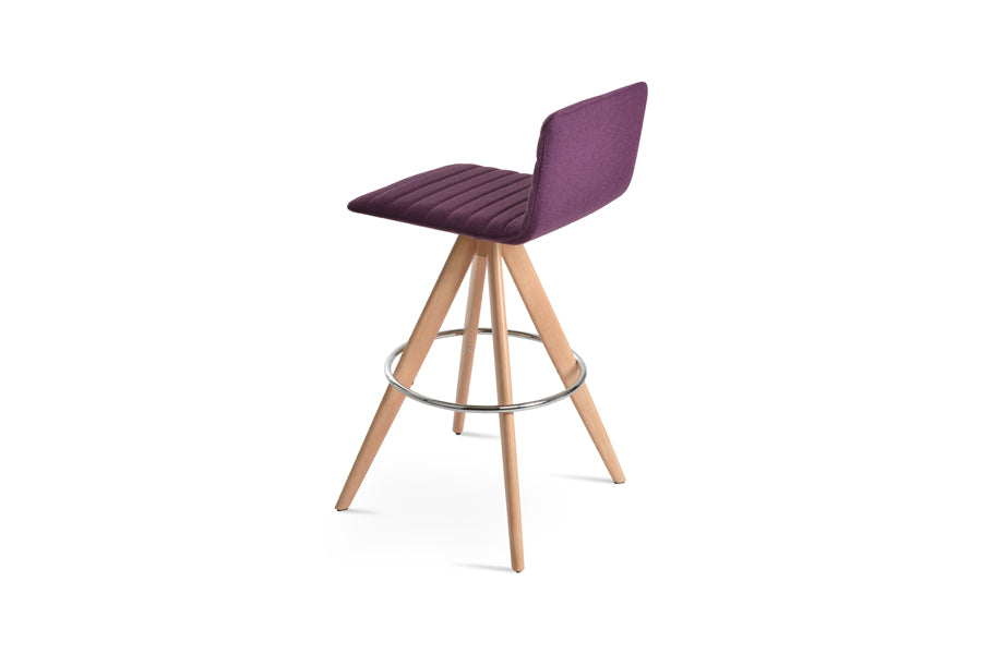 Corona Full Upholstery Pyramid-MW Swivel Stool by SohoConcept, showing back view of corona full upholstery pyramid-mw swivel stool in natural veneer steel/camira blazer new deep maroon wool.