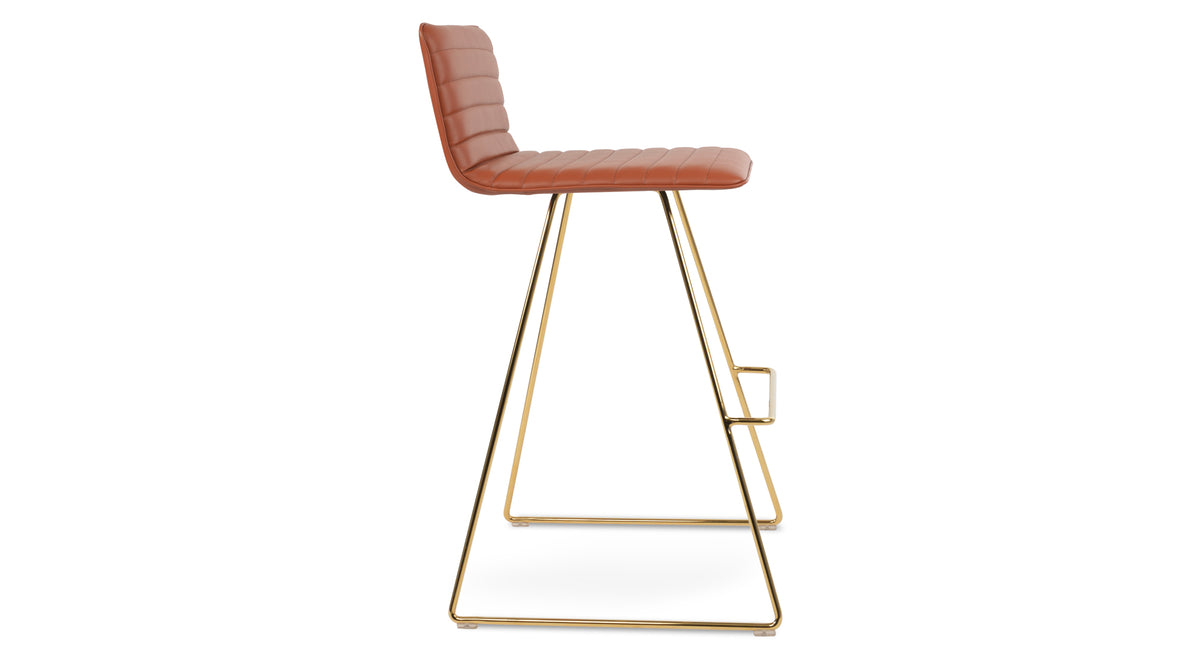 Corona Full Upholstery Wire Bar Stool by SohoConcept, showing side view of corona full upholstery wire bar stool in gold plated wire/cinnamon ppm-fr.