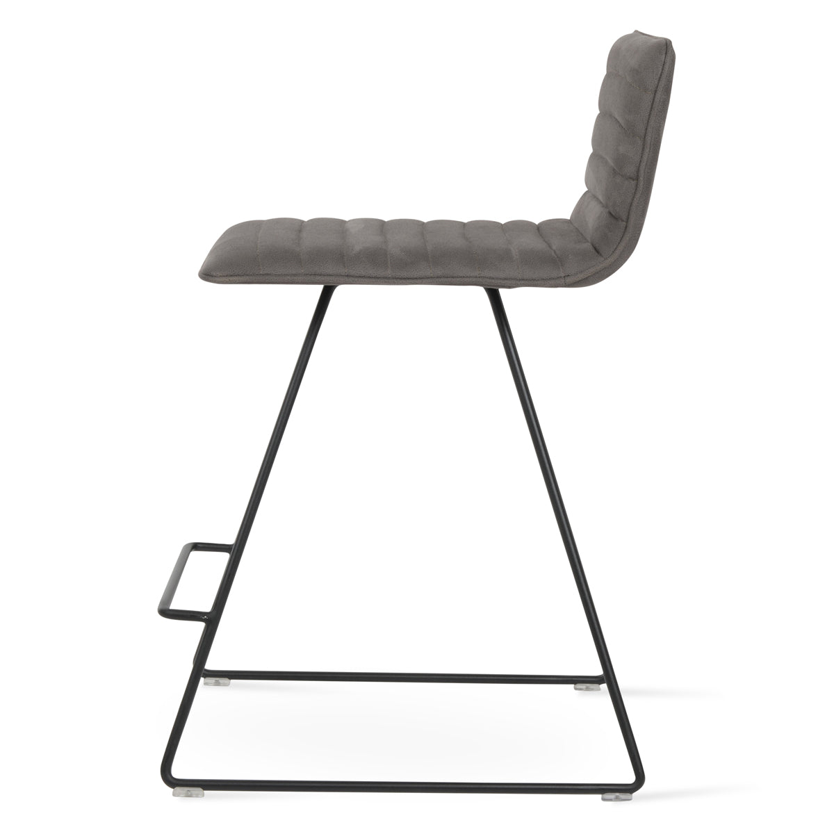 Corona Full Upholstery Wire Bar Stool by SohoConcept, showing side view of corona full upholstery wire bar stool in black powder wire/nubuck smoke grey fabric.
