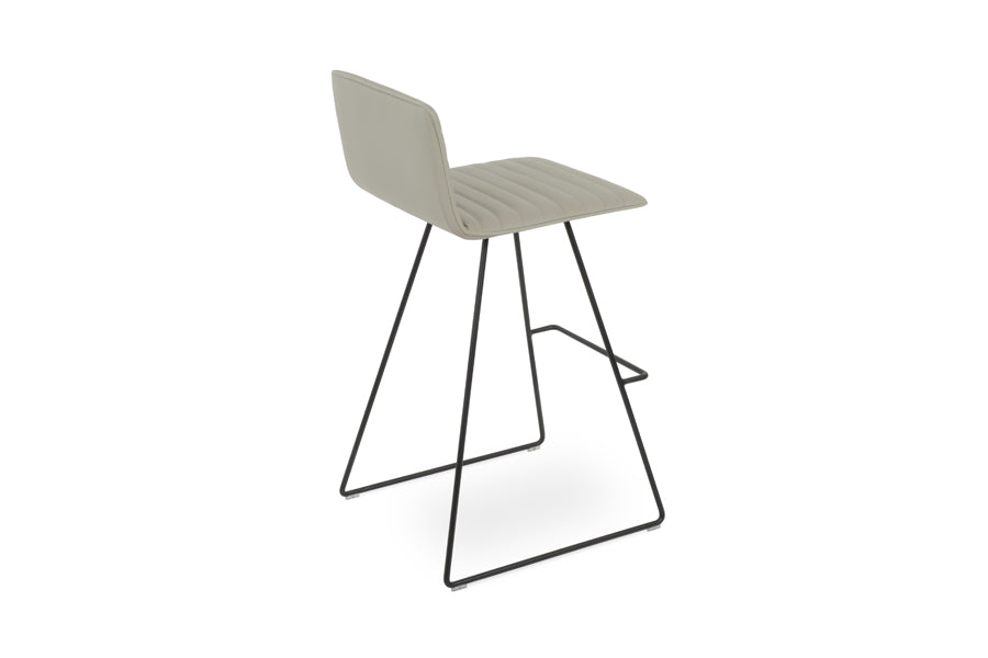 Corona Full Upholstery Wire Bar Stool by SohoConcept, showing back view of corona full upholstery wire bar stool in black powder wire/light grey leatherette.