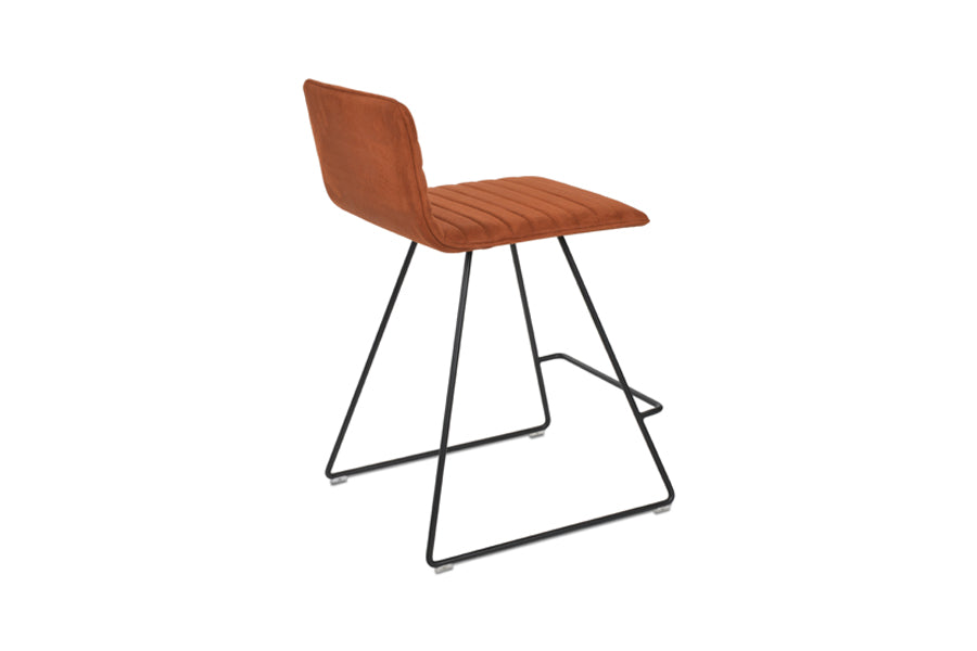 Corona Full Upholstery Wire Bar Stool by SohoConcept, showing back view of corona full upholstery wire bar stool in black powder wire/nubuck cognac fabric.