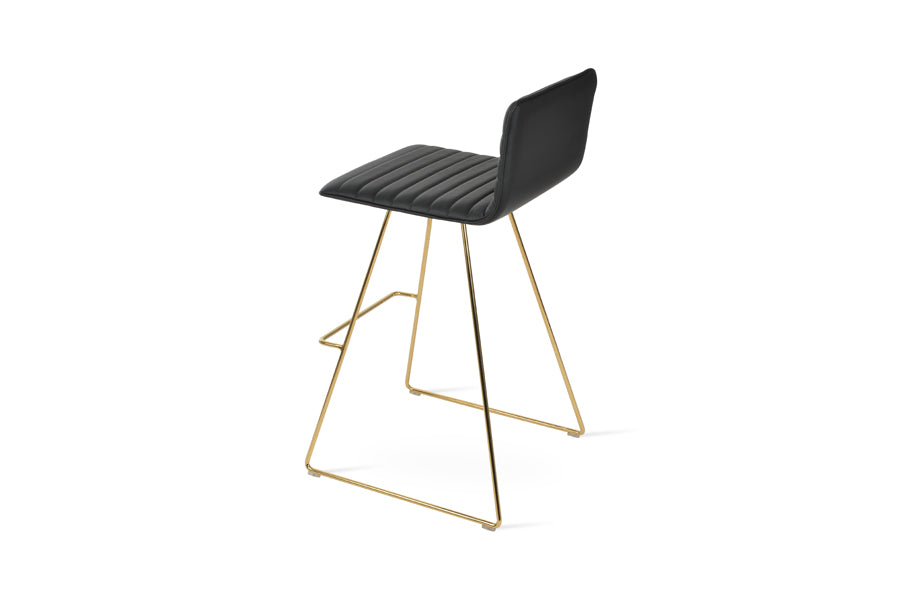 Corona Full Upholstery Wire Bar Stool by SohoConcept, showing back view of corona full upholstery wire bar stool in gold plated wire/black leatherette.