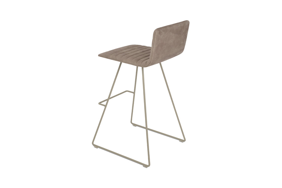 Corona Full Upholstery Wire Bar Stool by SohoConcept, showing back view of corona full upholstery wire bar stool in bone powder wire/nubuck smoke coffee fabric.