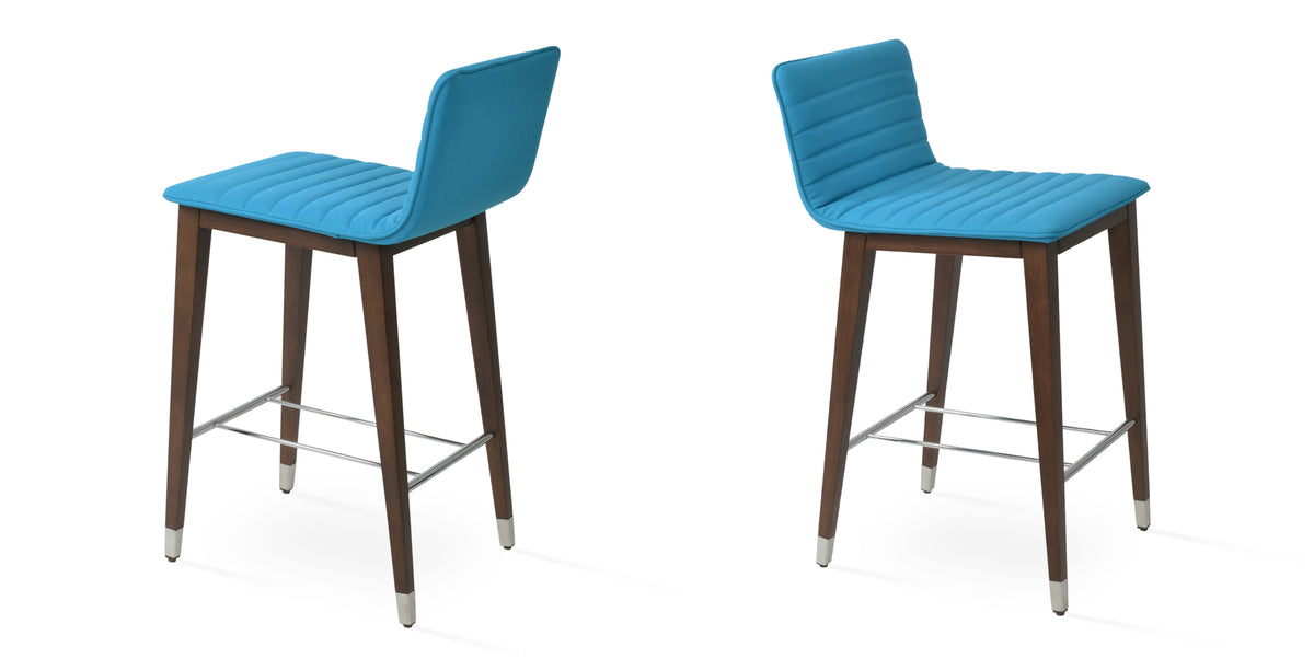 Corona Full Upholstery Wood Stool by SohoConcept, showing different angle views of corona full upholstery wood stools in beech walnut wood with chrome ring/camira era turquoise fabric.