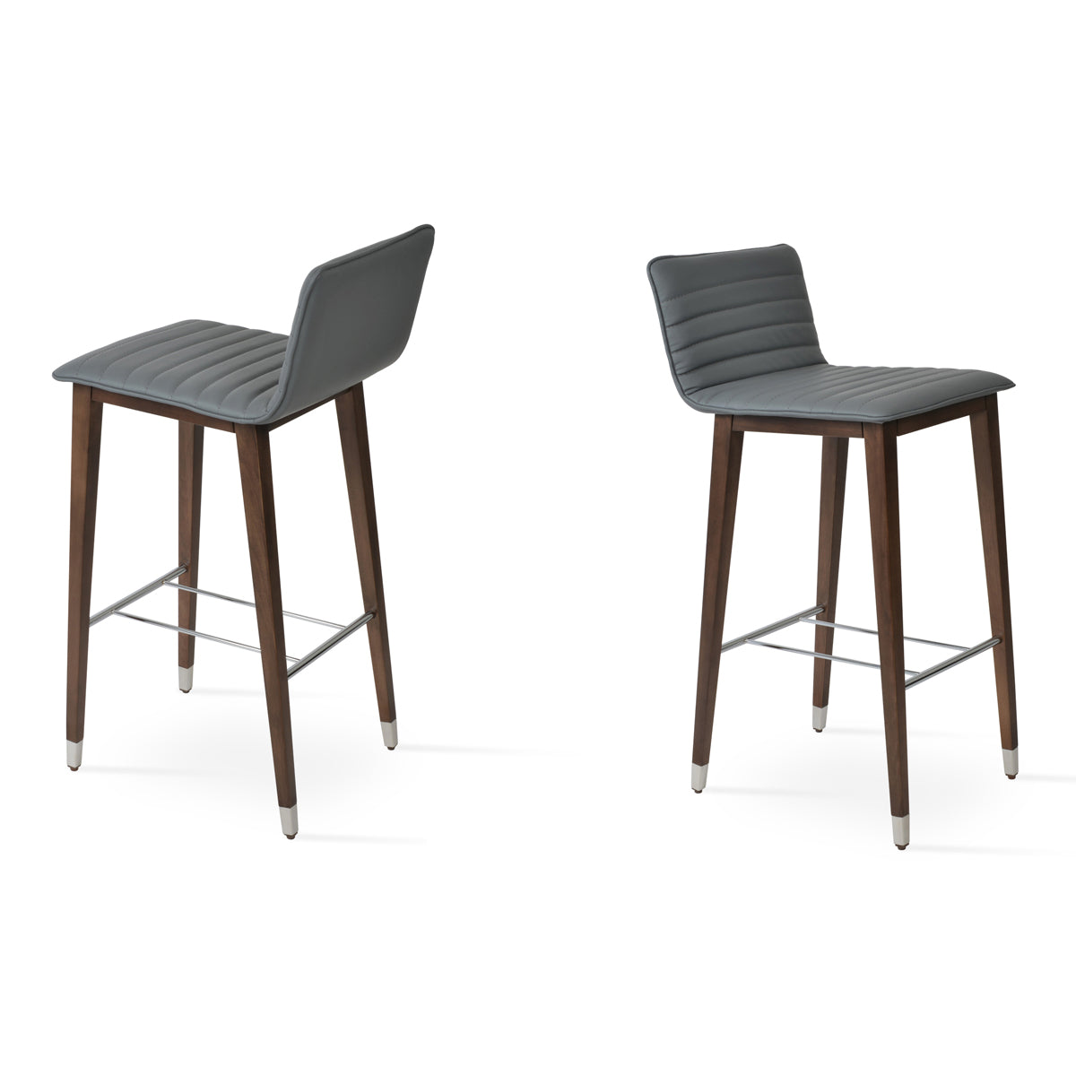 Corona Full Upholstery Wood Stool by SohoConcept, showing different angle views of corona full upholstery wood stools in beech walnut wood with chrome ring/grey leatherette.