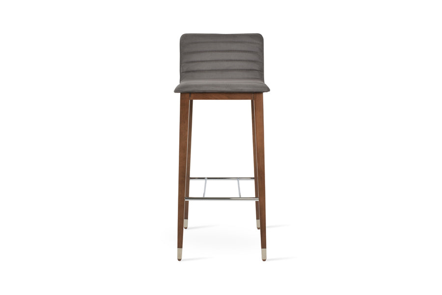 Corona Full Upholstery Wood Stool by SohoConcept, showing front view of corona full upholstery wood stool in beech walnut wood with chrome ring/nubuck smoke grey fabric.