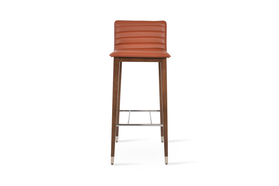 Corona Full Upholstery Wood Stool by SohoConcept, showing front view of corona full upholstery wood stool in beech walnut wood with chrome ring/cinnamon ppm-fr.