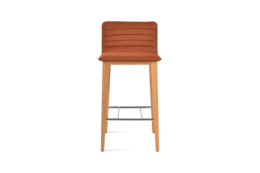 Corona Full Upholstery Wood Stool by SohoConcept, showing front view of corona full upholstery wood stool in beech natural wood/cinnamon ppm-fr.