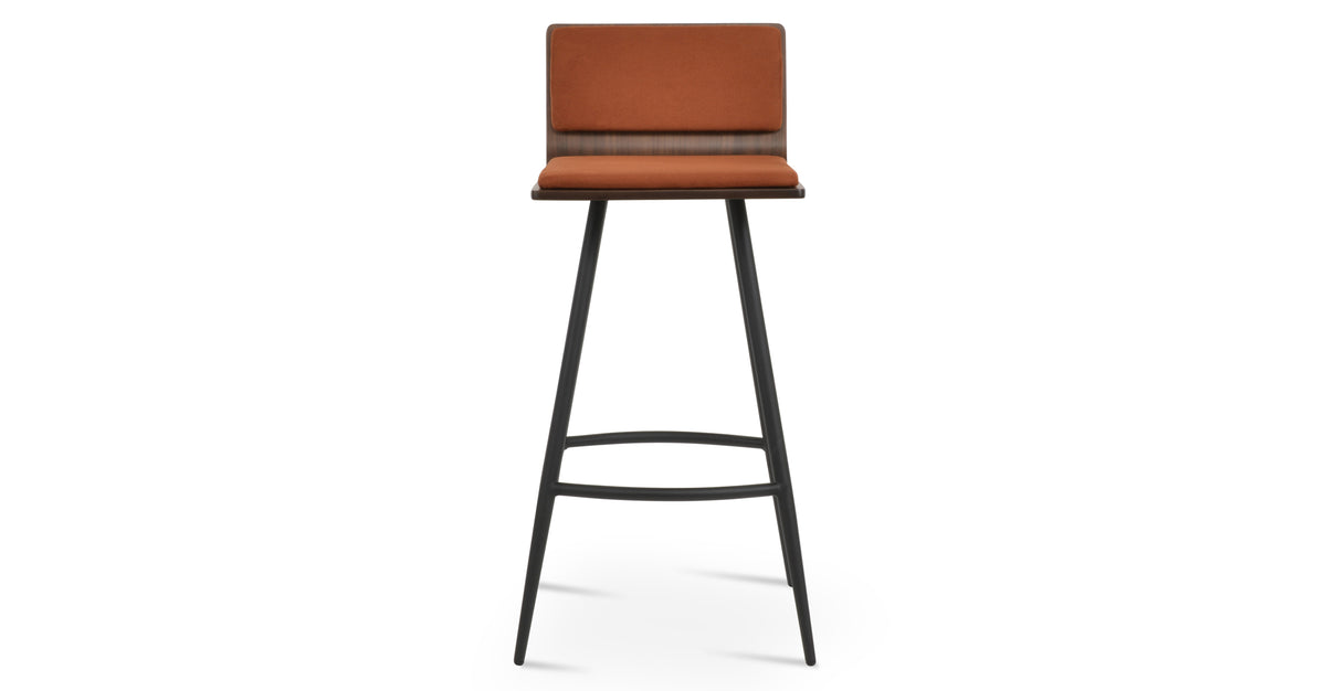 Corona Galata Bar Stool by SohoConcept, showing front view of corona galata bar stool in black powder steel/american walnut plywood seat/nubuck cognac fabric.