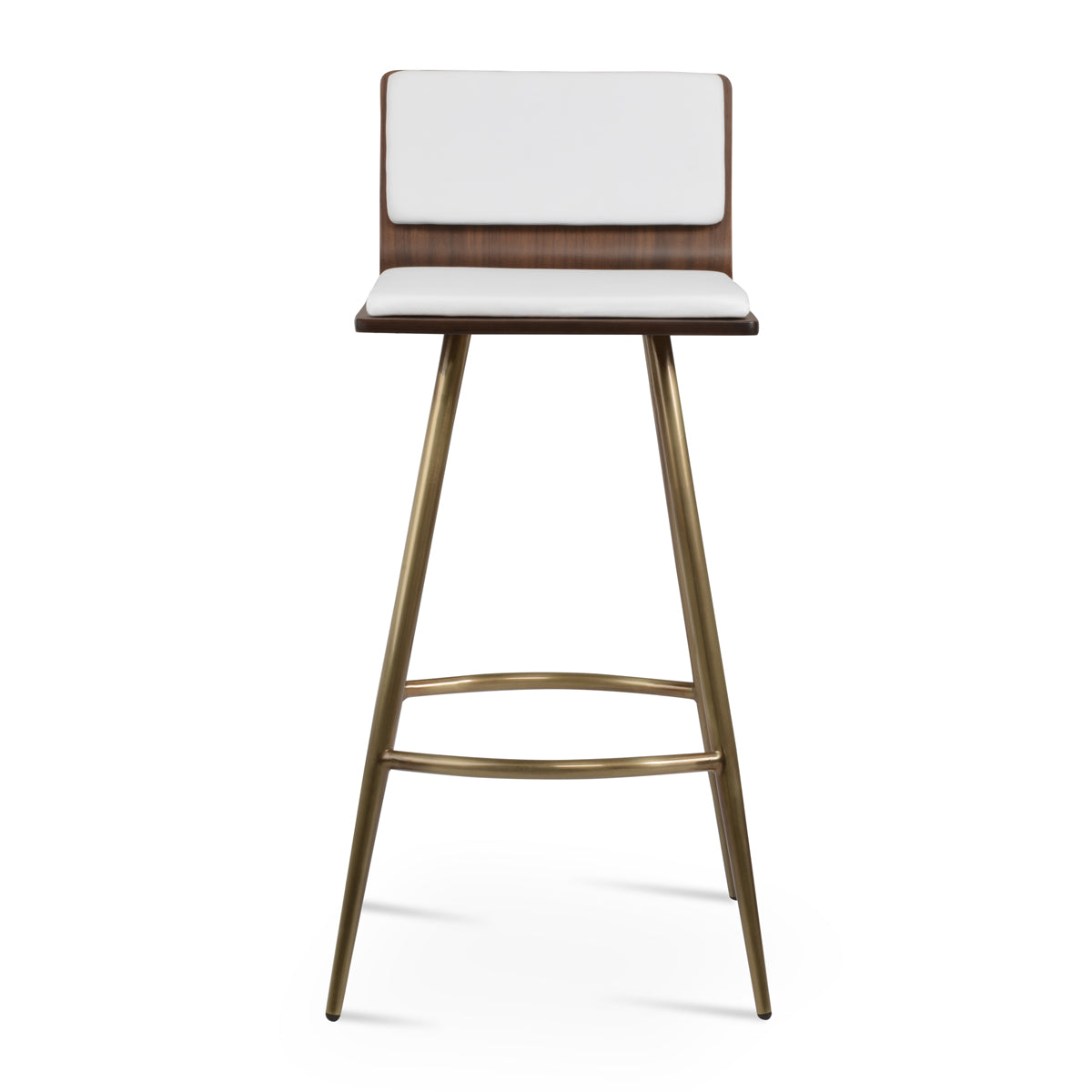 Corona Galata Bar Stool by SohoConcept, showing front view of corona galata bar stool in brass steel/american walnut plywood seat/white leatherette.