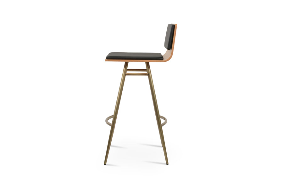 Corona Galata Bar Stool by SohoConcept, showing side view of corona galata bar stool in brass steel/natural plywood seat/black leatherette.