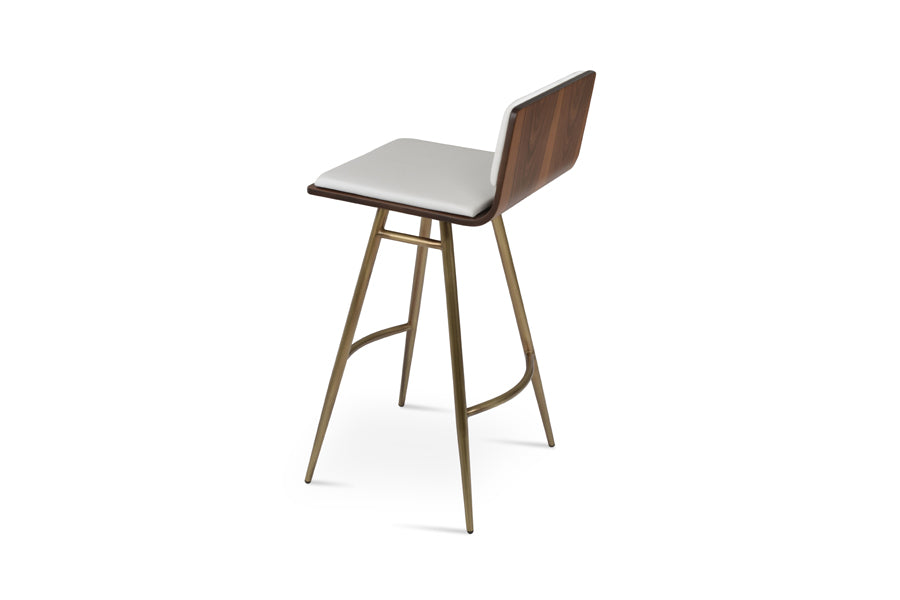 Corona Galata Bar Stool by SohoConcept, showing back view of corona galata bar stool in brass steel/american walnut plywood seat/white leatherette.