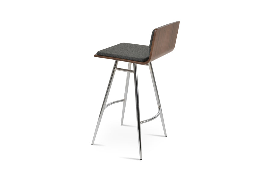 Corona Galata Bar Stool by SohoConcept, showing back view of corona galata bar stool in chrome/american walnut plywood seat/camira blazer dark grey wool.
