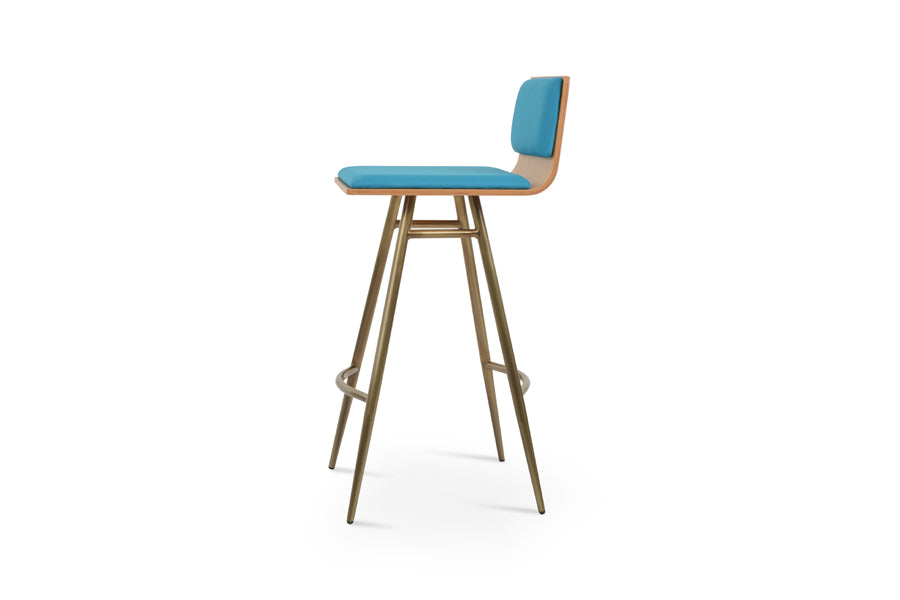 Corona Galata bar Stool by SohoConcept, showing side view of corona galata bar stool in brass steel/natural plywood seat/camira era turquoise fabric.