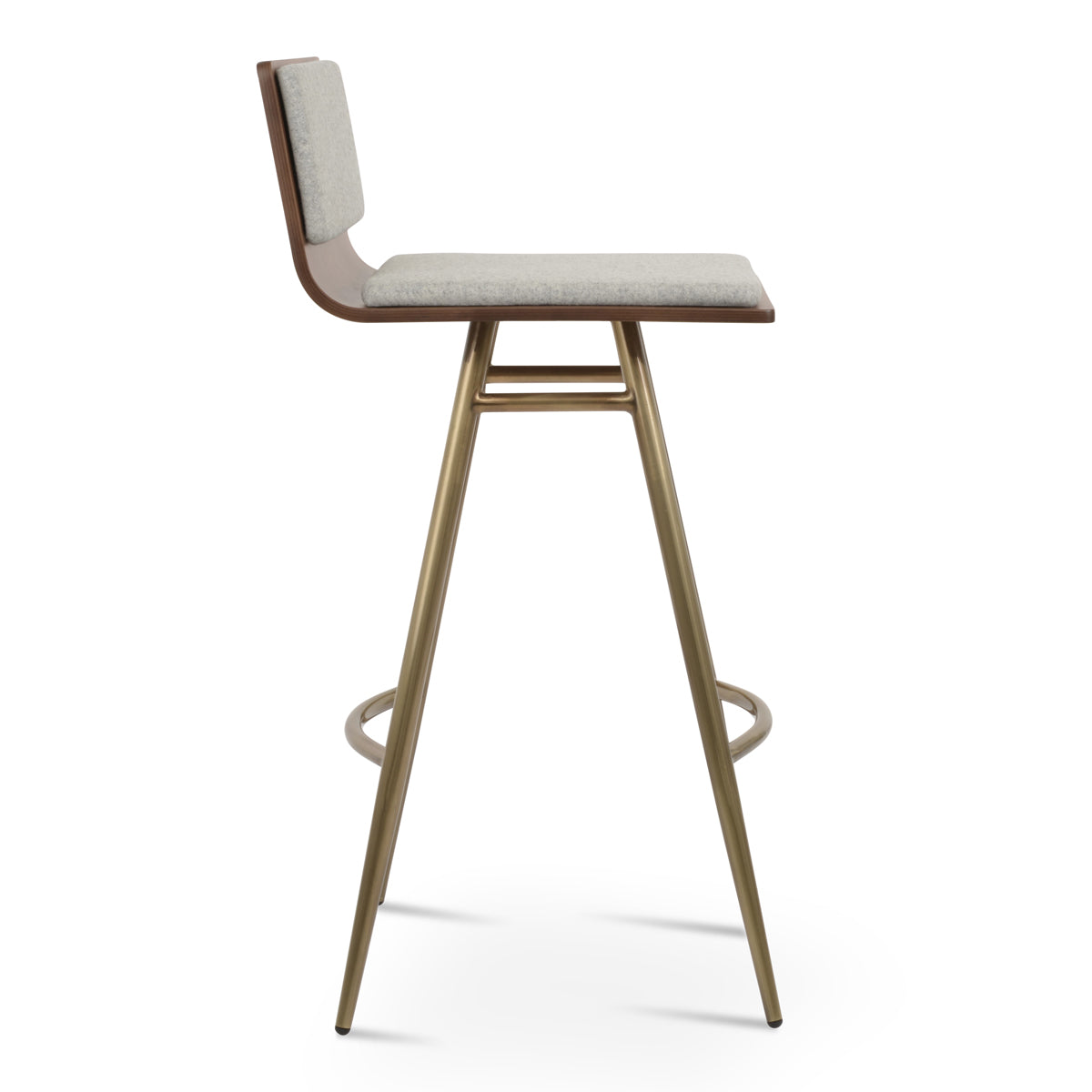 Corona Galata Counter Stool by SohoConcept, showing side view of corona galata counter stool in brass steel/american walnut plywood seat/camira blazer silver wool.