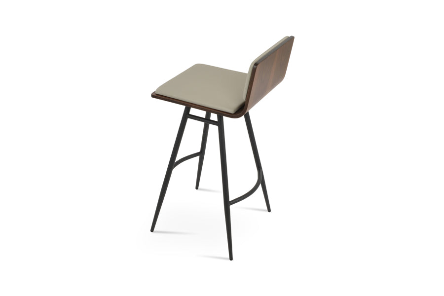 Corona Galata Counter Stool by SohoConcept, showing back view of corona galata counter stool in black powder steel/american walnut plywood seat/light grey leatherette.