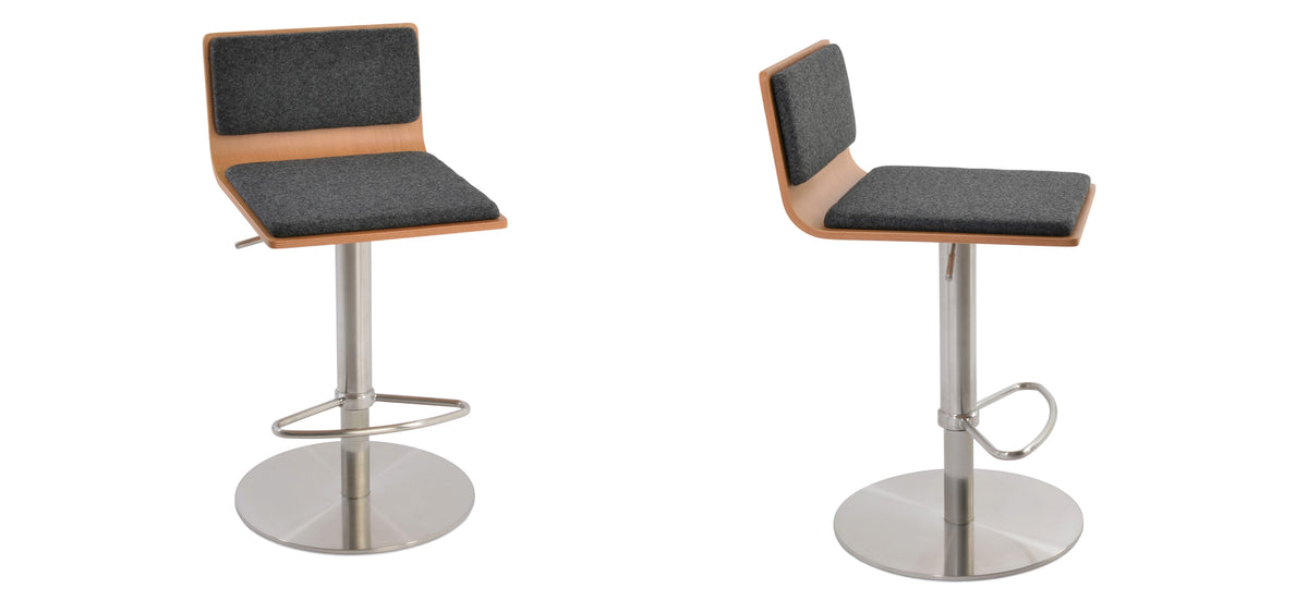 Corona Half Footrest Piston Stool-Fabric by SohoConcept, showing different angle views of corona half footrest piston stool-fabric in brushed stainless steel (round)/natural plywood seat/camira blazer dark grey wool.
