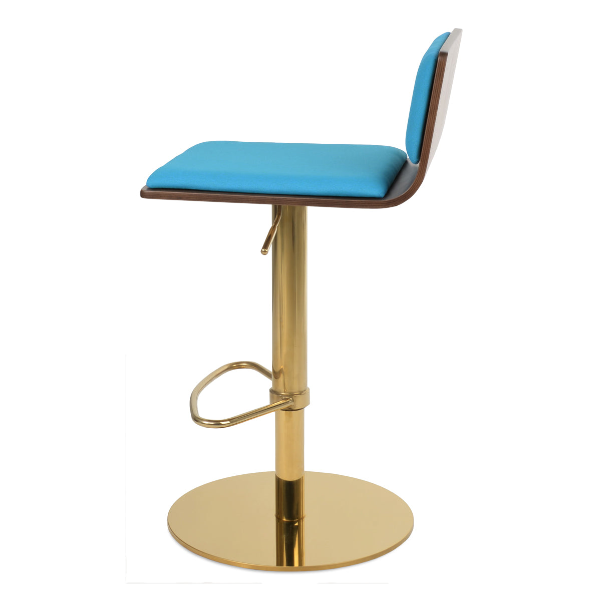 Corona Half Footrest Piston Stool-Fabric by SohoConcept, showing side view of corona half footrest piston stool-fabric in polished gold steel (round)/natural plywood seat/camira era turquoise fabric.