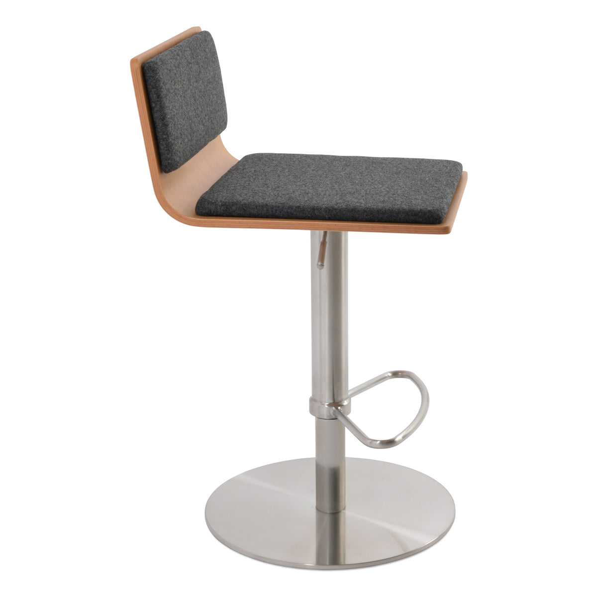Corona Half Footrest Piston Stool-Fabric by SohoConcept, showing side view of corona half footrest piston stool-fabric in brushed stainless steel (round)/natural plywood seat/camira blazer dark grey wool.