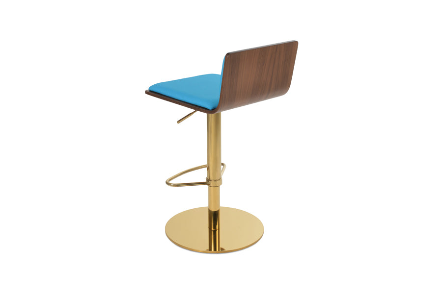 Corona Half Footrest Piston Stool-Fabric by SohoConcept, showing back view of corona half footrest piston stool-fabric in polished gold steel (round)/natural plywood seat/camira era turquoise fabric.