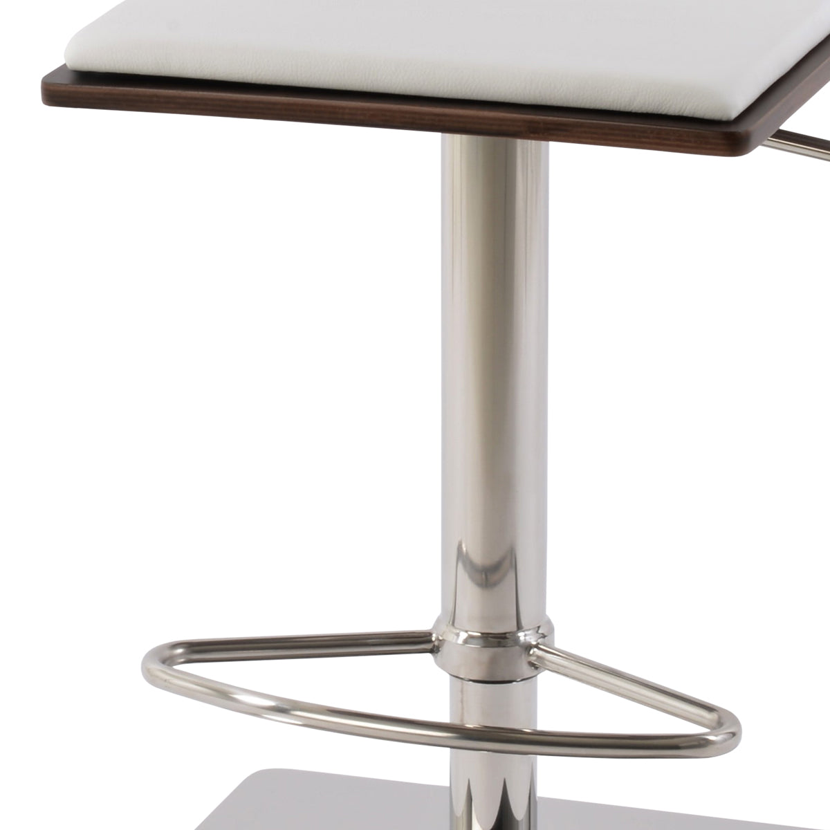Corona Half Footrest Piston Stool-Leather by SohoConcept, showing closeup view of corona half footrest piston stool-leather in brushed stainless steel (square)/american walnut plywood seat/white leatherette.