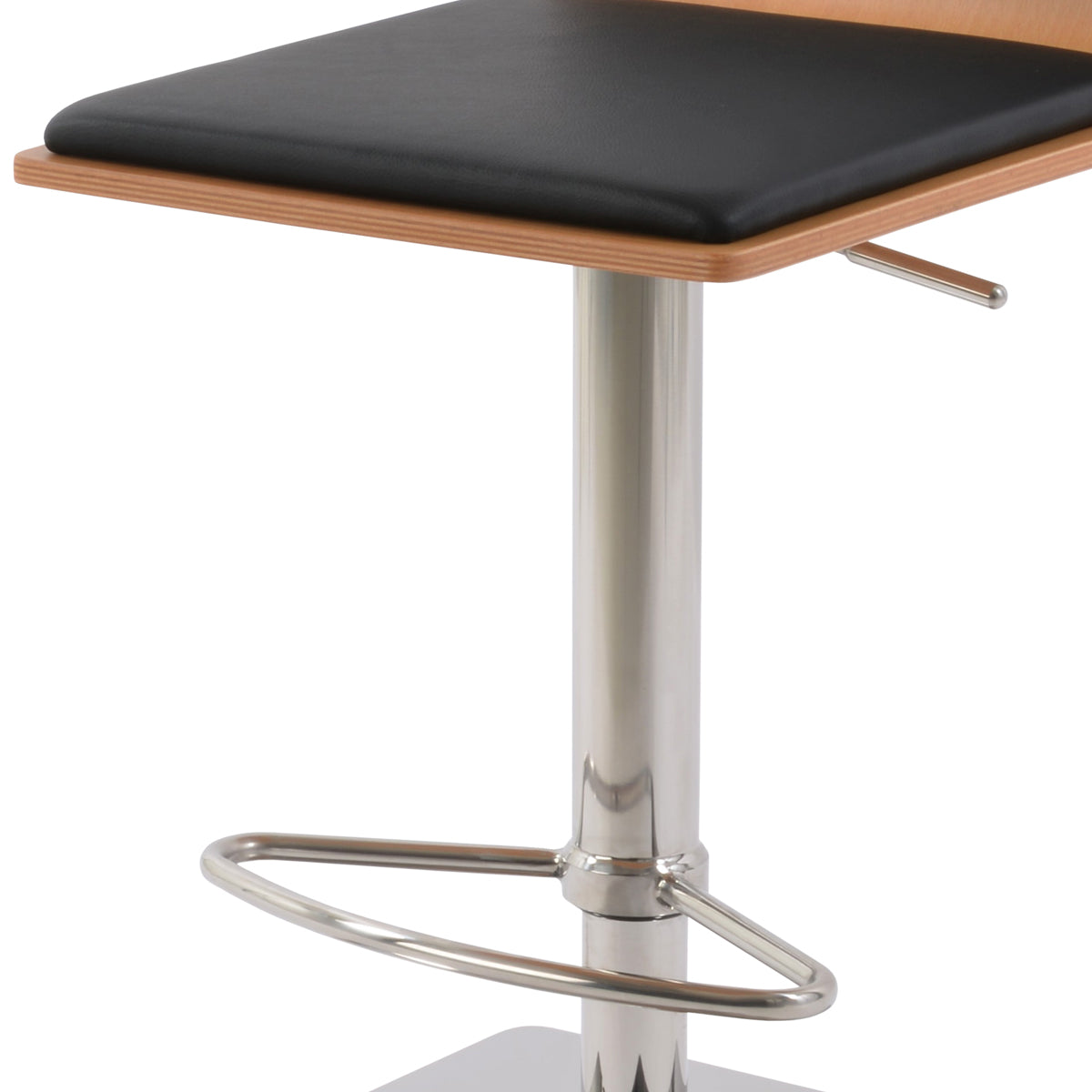 Corona Half Footrest Piston Stool-Leather by SohoConcept, showing closeup view of corona half footrest piston stool-leather in brushed stainless steel (square)/natural plywood seat/black leatherette.