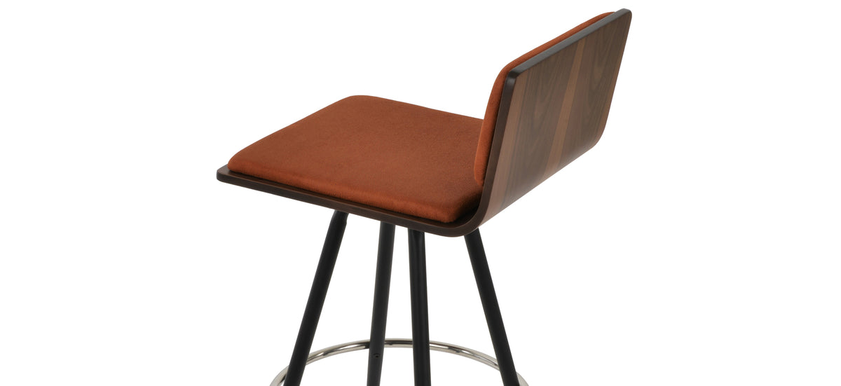 Corona Max Swivel Counter Stool by SohoConcept, showing closeup view of corona max swivel counter stool in black powder steel/american walnut plywood seat/nubuck cognac fabric.