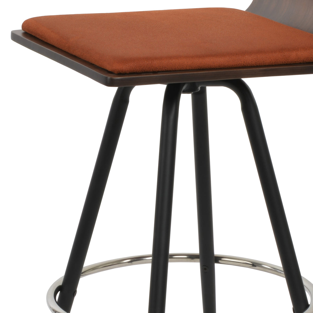 Corona Max Swivel Counter Stool by SohoConcept, showing closeup view of corona max swivel counter stool in black powder steel/american walnut plywood seat/nubuck cognac fabric.