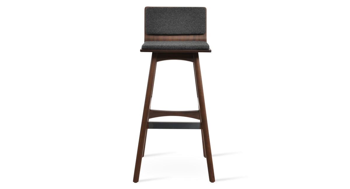 Corona PR Wood Bar Stool-Fabric by SohoConcept, showing front view of corona pr wood bar stool-fabric in original american walnut wood/american walnut plywood seat/camira blazer dark grey wool.
