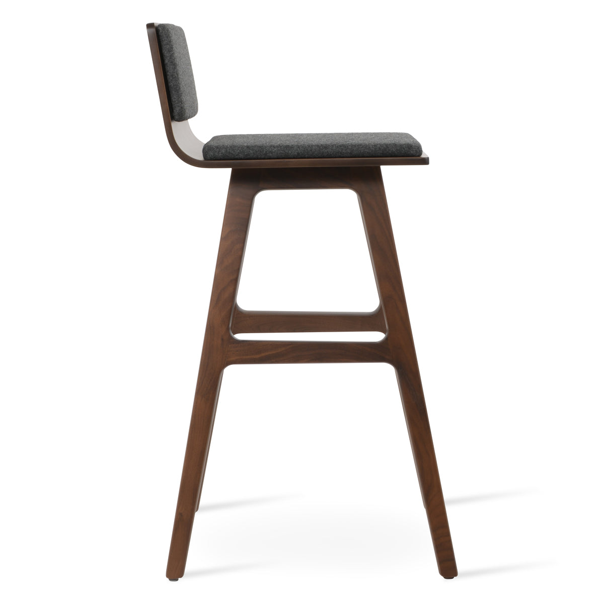 Corona PR Wood Bar Stool-Fabric by SohoConcept, showing side view of corona pr wood bar stool-fabric in original american walnut wood/american walnut plywood seat/camira blazer dark grey wool.