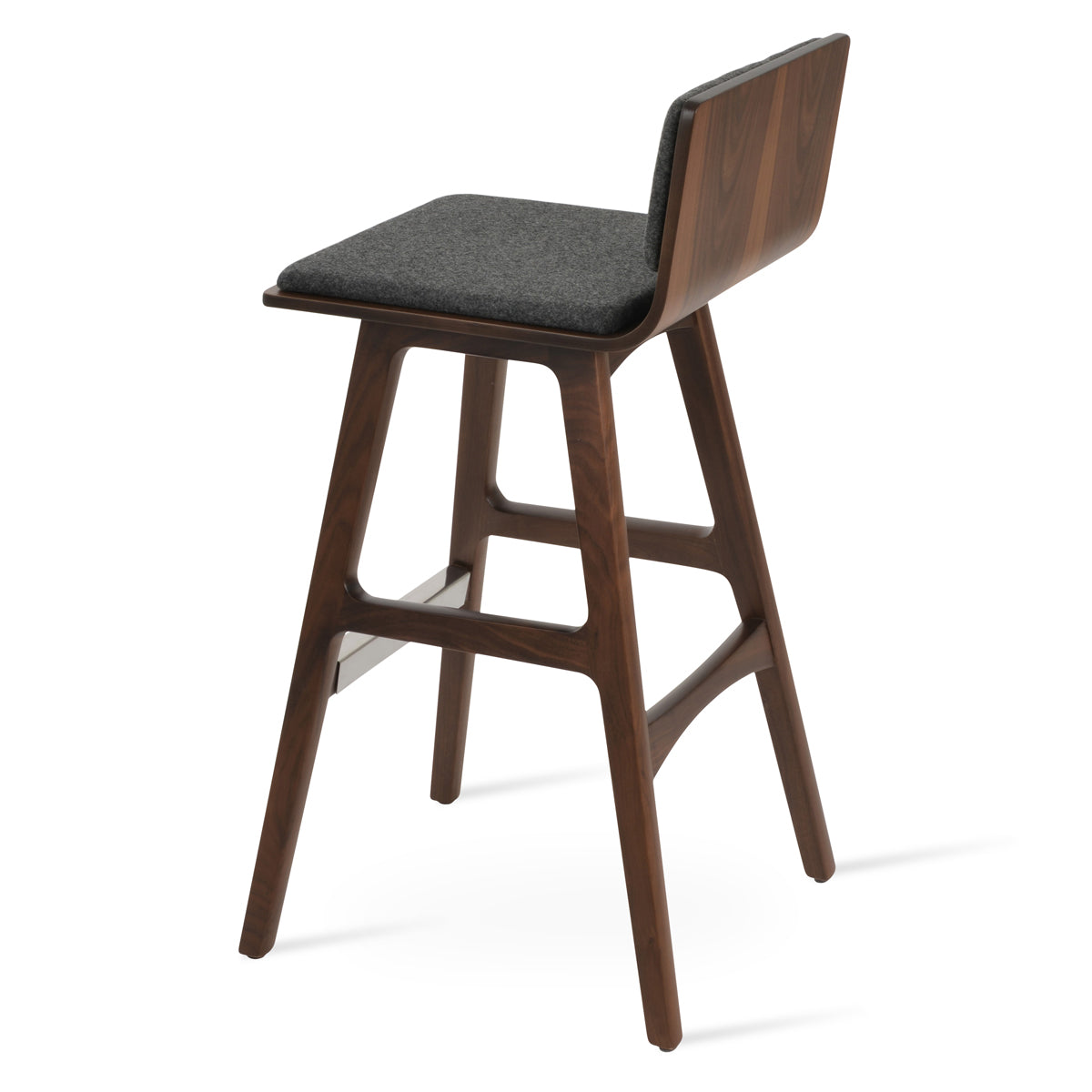 Corona PR Wood Bar Stool-Fabric by SohoConcept, showing back view of corona pr wood bar stool-fabric in original american walnut wood/american walnut plywood seat/camira blazer dark grey wool.