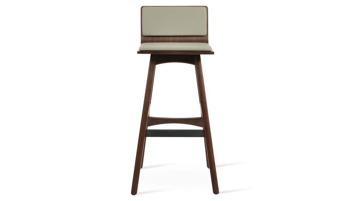 Corona PR Wood Bar Stool-Leather by SohoConcept, showing front view of corona pr wood bar stool-leather in original american walnut wood/american walnut plywood seat/light grey leatherette.