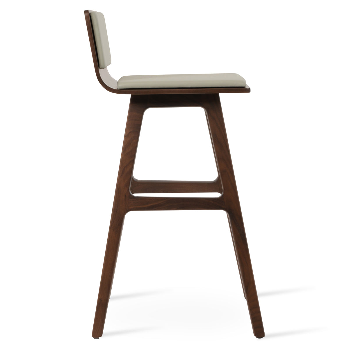 Corona PR Wood Bar Stool-Leather by SohoConcept, showing side view of corona pr wood bar stool-leather in original american walnut wood/american walnut plywood seat/light grey leatherette.