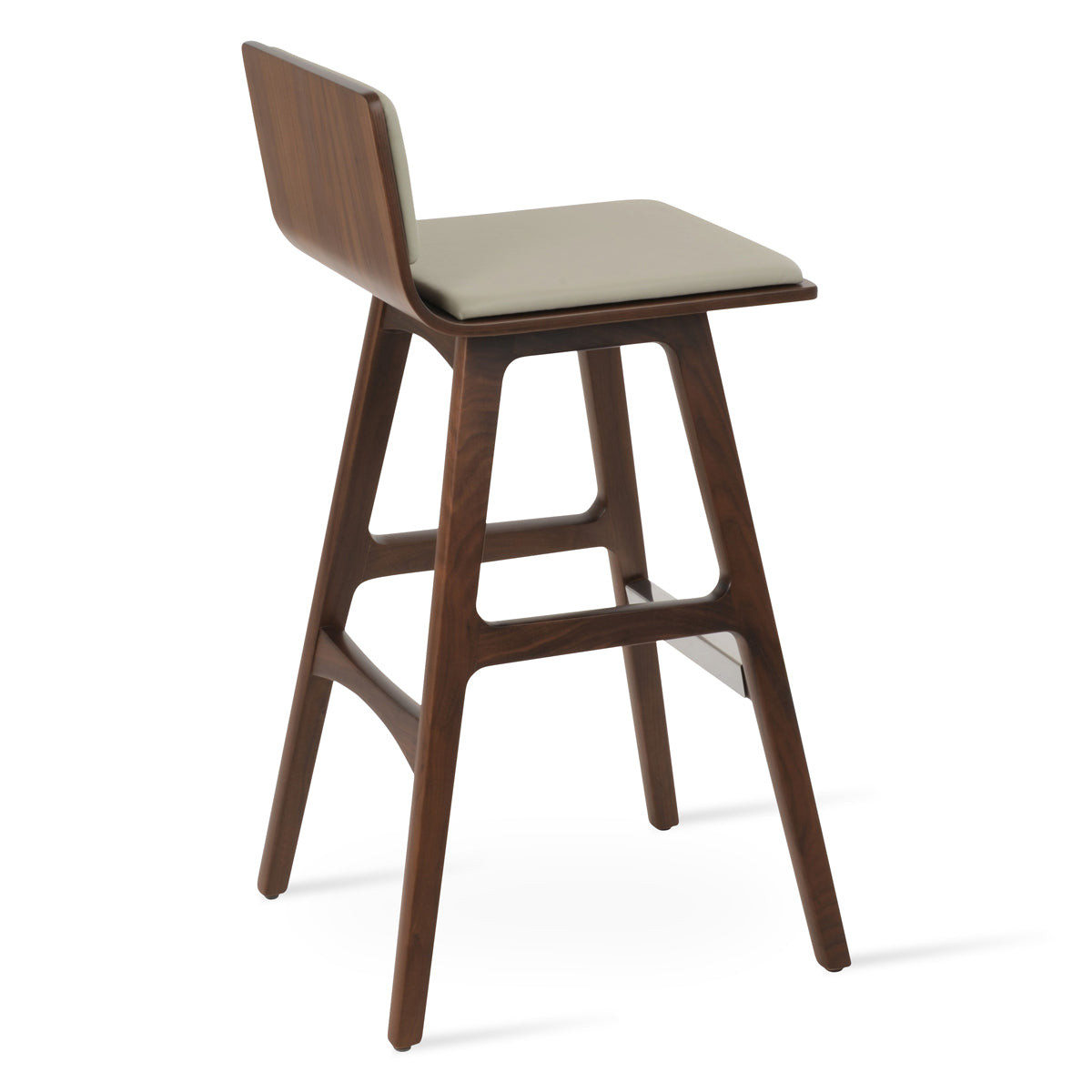 Corona PR Wood Bar Stool-Leather by SohoConcept, showing back view of corona pr wood bar stool-leather in original american walnut wood/american walnut plywood seat/light grey leatherette.