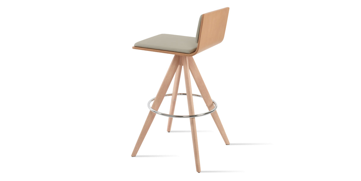 Corona Pyramid-MW Swivel Counter Stool by SohoConcept, showing back view of corona pyramid-mw swivel counter stool in natural veneer steel/natural plywood seat/light grey leatherette.