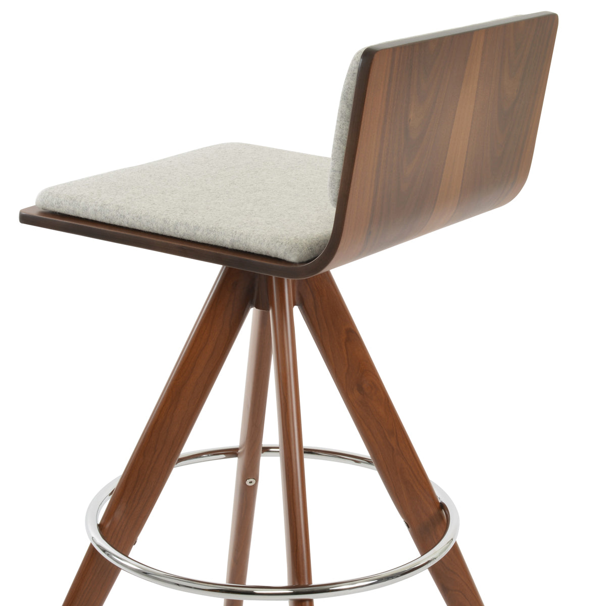 Corona Pyramid-MW Swivel Counter Stool by SohoConcept, showing closeup view of corona pyramid-mw swivel counter stool in walnut veneer steel/american walnut plywood seat/camira blazer silver wool.
