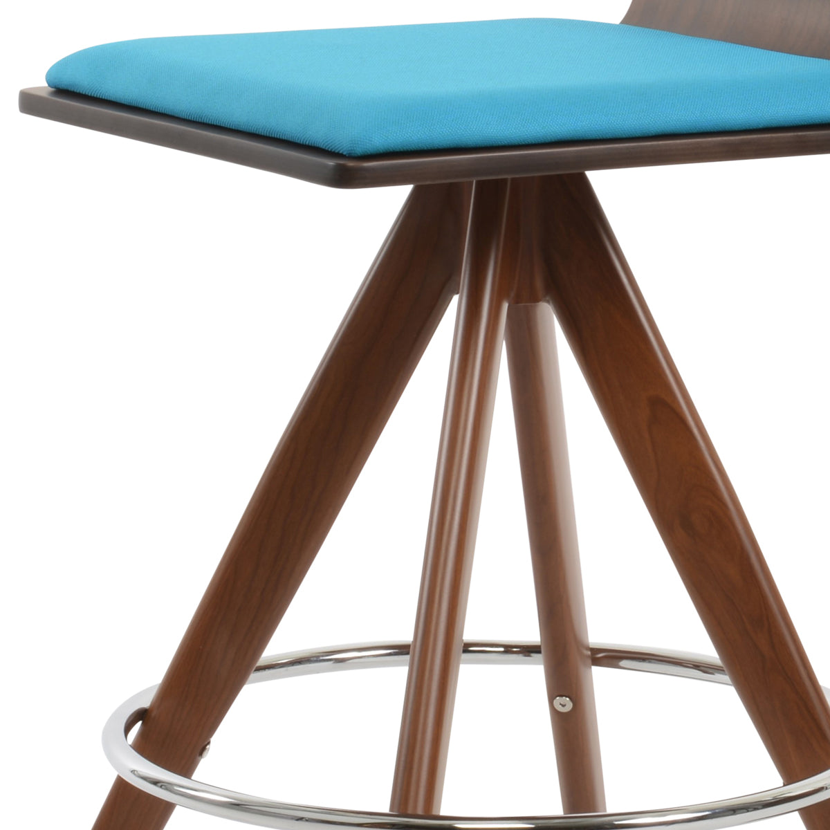 Corona Pyramid-MW Swivel Counter Stool by SohoConcept, showing closeup view of corona pyramid-mw swivel counter stool in walnut veneer steel/american walnut plywood seat/camira era turquoise fabric.