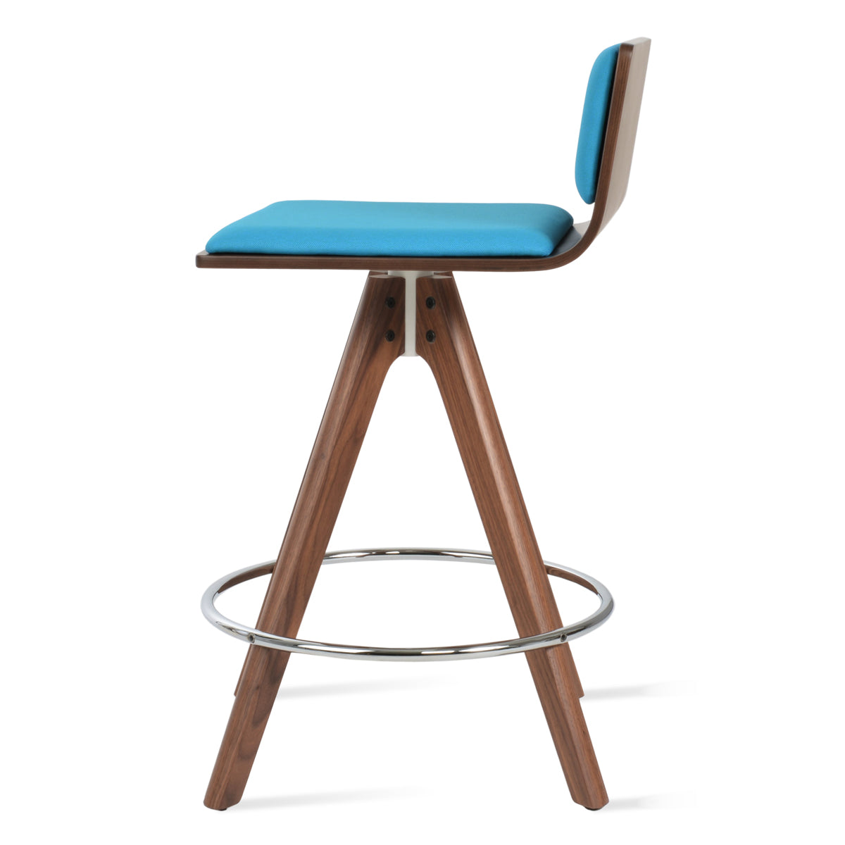 Corona Pyramid Swivel Bar Stool by SohoConcept, showing side view of corona pyramid swivel bar stool in original american walnut with white mechanism & chrome footrest/american walnut plywood seat/camira era turquoise fabric.