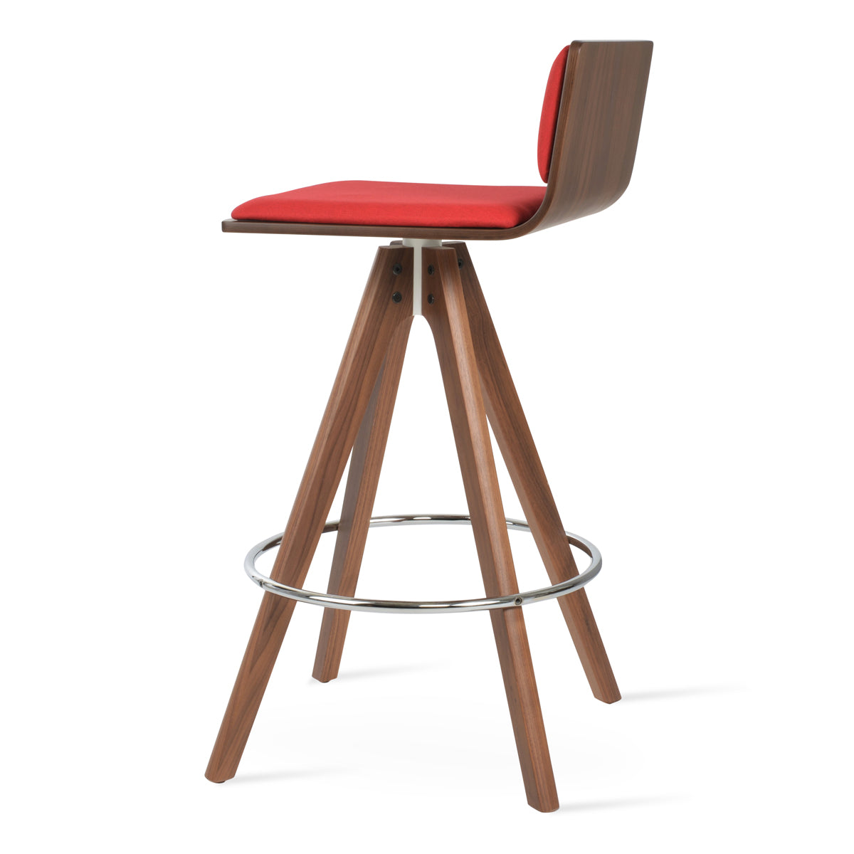 Corona Pyramid Swivel Bar Stool by SohoConcept, showing side view of corona pyramid swivel bar stool in original american walnut with white mechanism & chrome footrest/american walnut plywood seat/camira era red fabric.