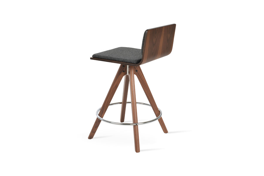 Corona Pyramid Swivel Bar Stool by SohoConcept, showing back view of corona pyramid swivel bar stool in original american walnut with white mechanism & chrome footrest/american walnut plywood seat/camira blazer dark grey wool.