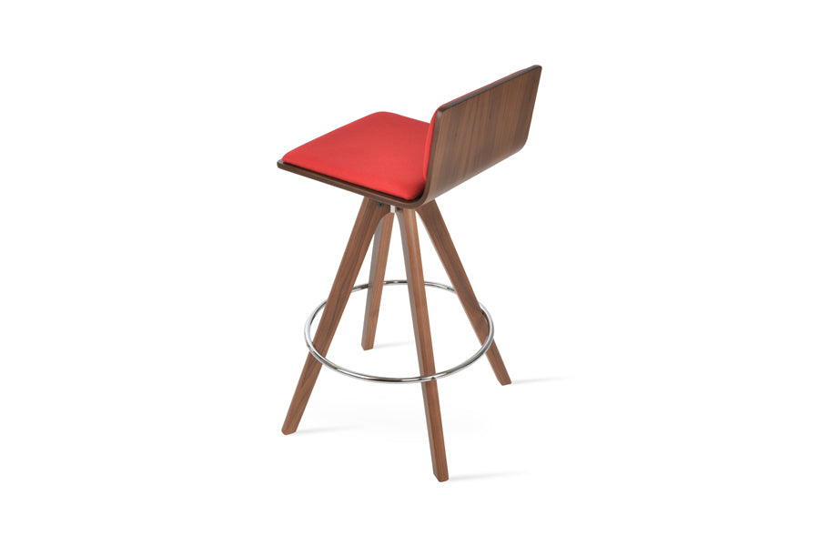 Corona Pyramid Swivel Bar Stool by SohoConcept, showing back view of corona pyramid swivel bar stool in original american walnut with white mechanism & chrome footrest/american walnut plywood seat/camira era red fabric.